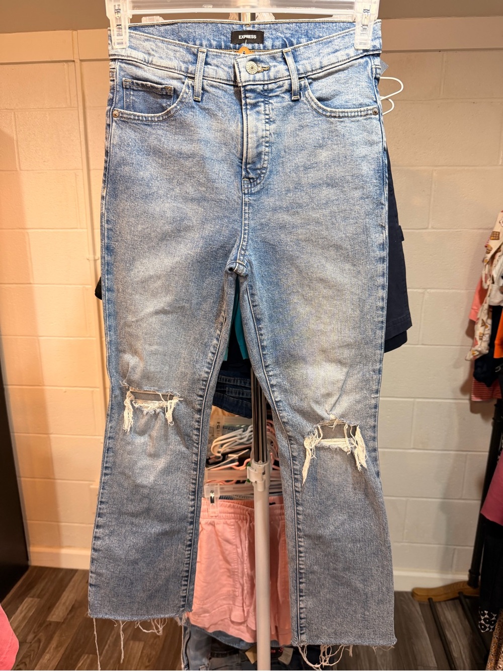Express Light Wash High-Rise Flare Jeans with Knee Distress